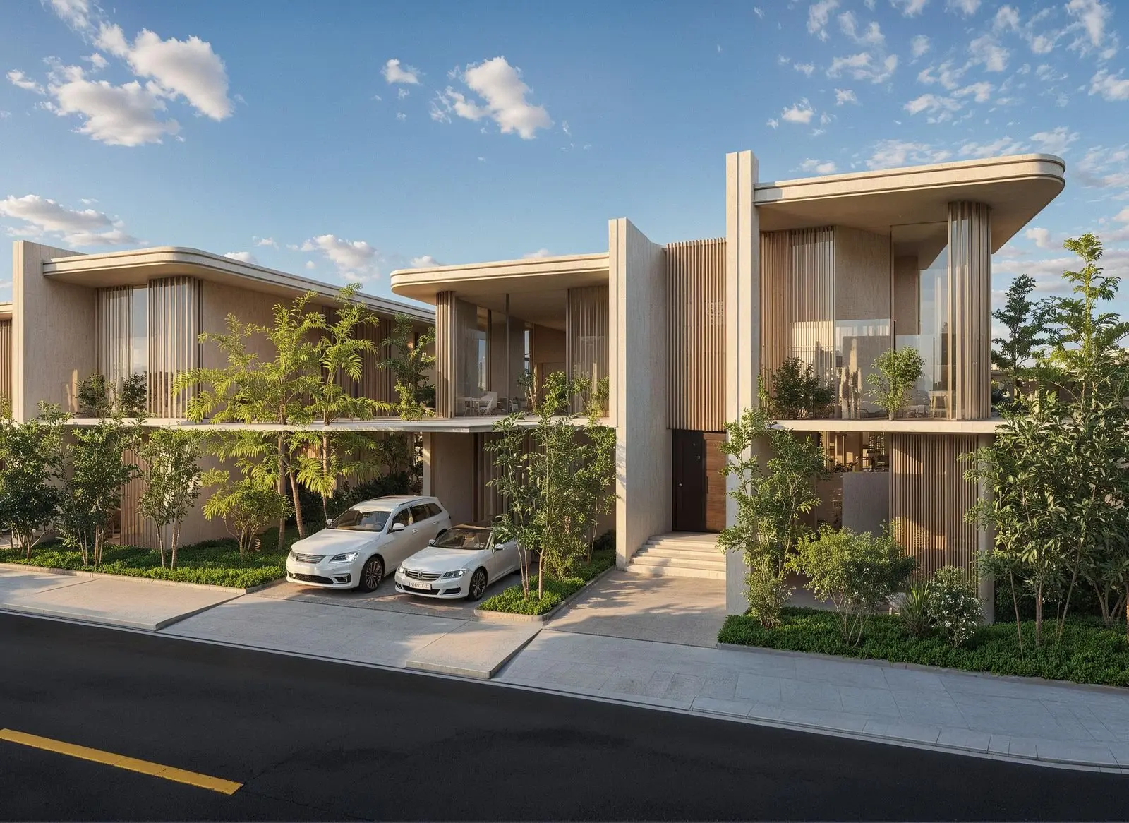Architectural render of contemporary townhouses with landscaped front gardens